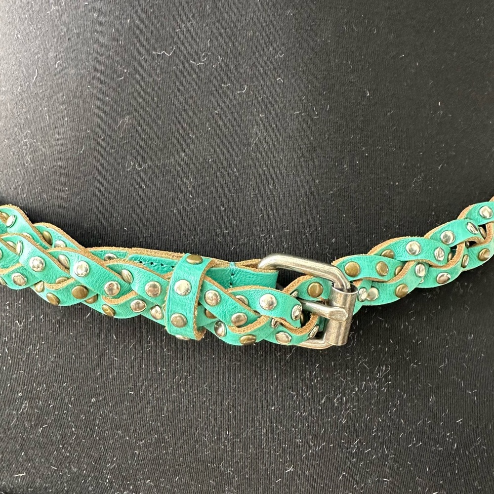 Sam Brown Braided Leather Turquoise Studded Belt-Size Up To 36"